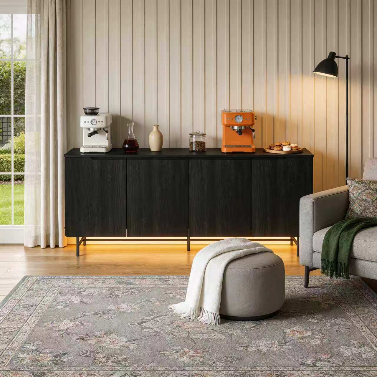 Credenza Office Storage - 68in Large Fluted Sideboard Cabinet Wooden
