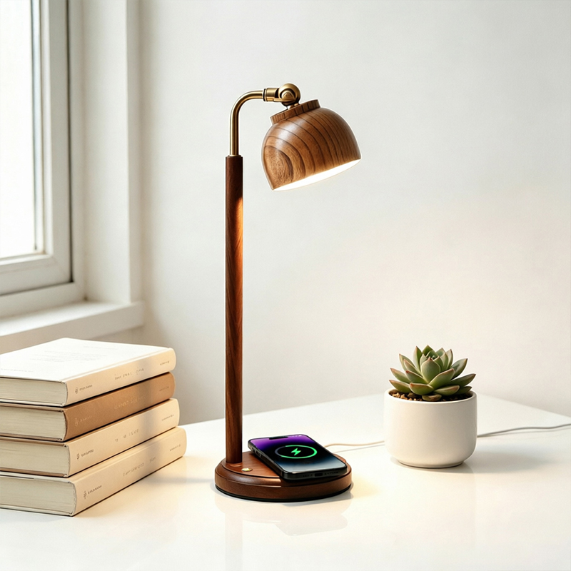 Conference Table Round - Walnut Table Lamp with 15W Qi